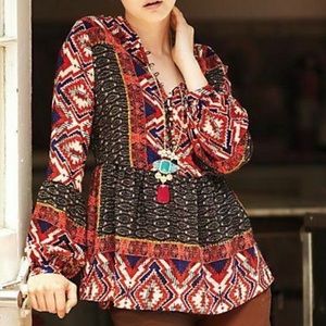 Anthropologie long sleeve red patterned blouse, peasant style, button up neck S